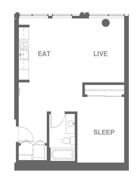 Floor plan for 1 bed, 1 bath, 653 sqft
